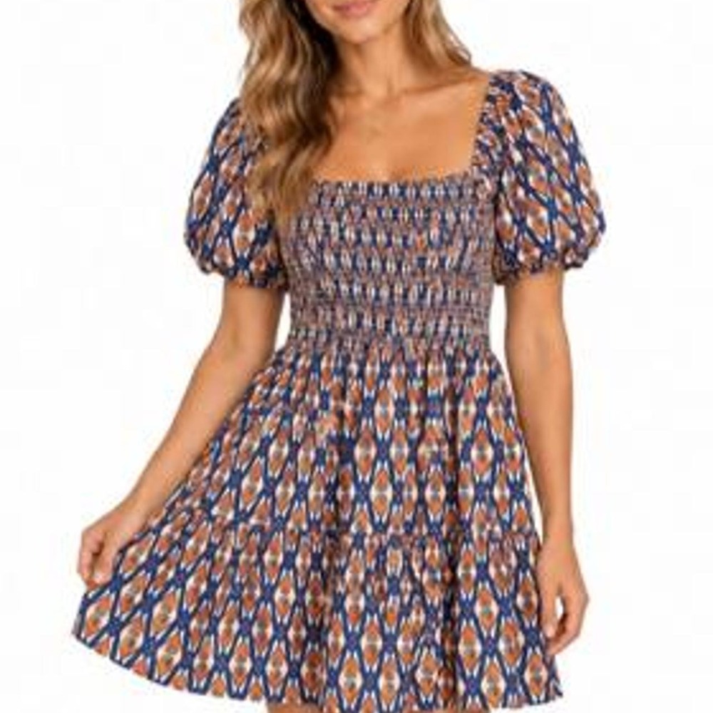 Anrabess Women's Short Sleeve Patterned Mini Sundress Swing Skirt